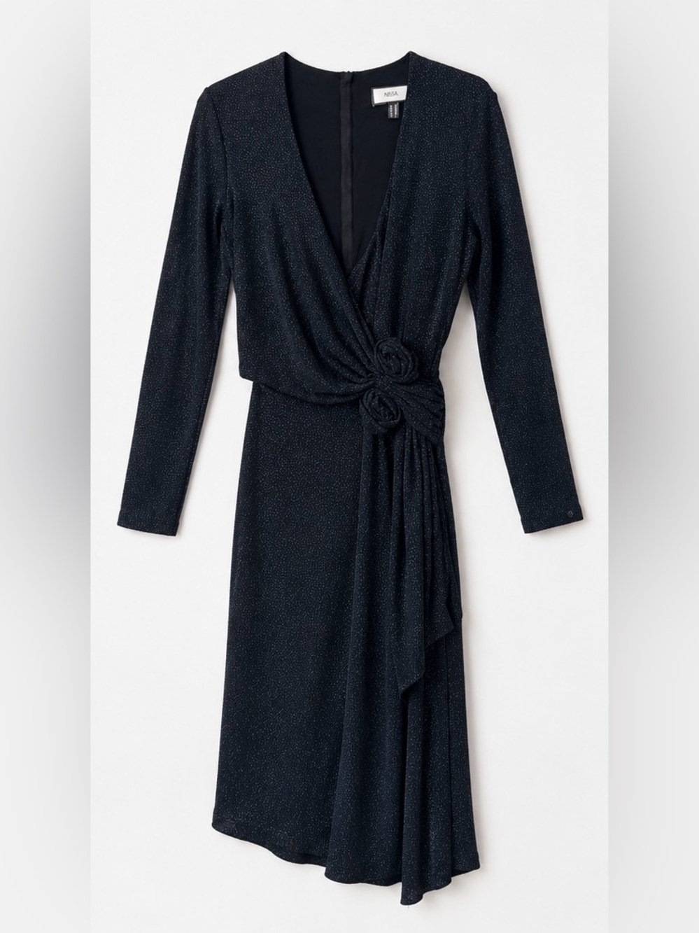 NISSA Black Metallic Shimmer Draped Wrap Midi Dress | Rosette Detail | Size US 8